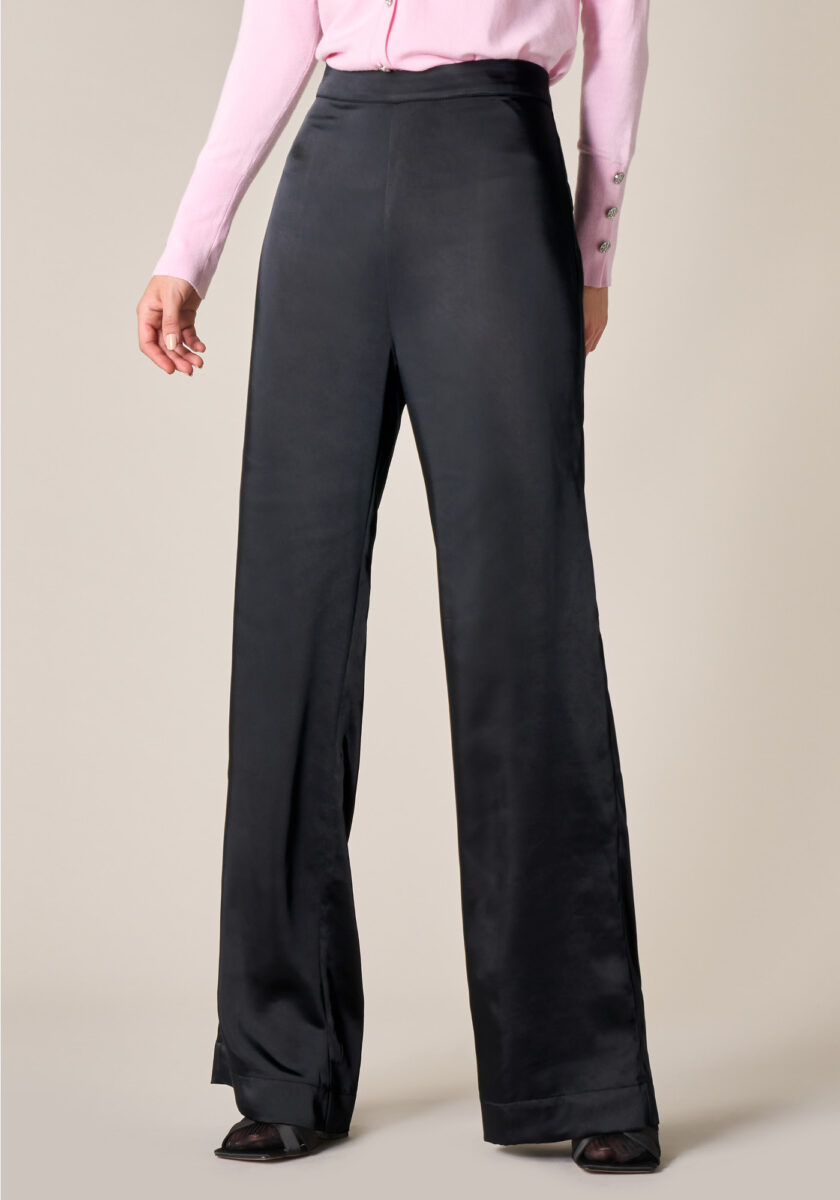 Pants Wide Leg in satin Nero - vista frontale | Nicla