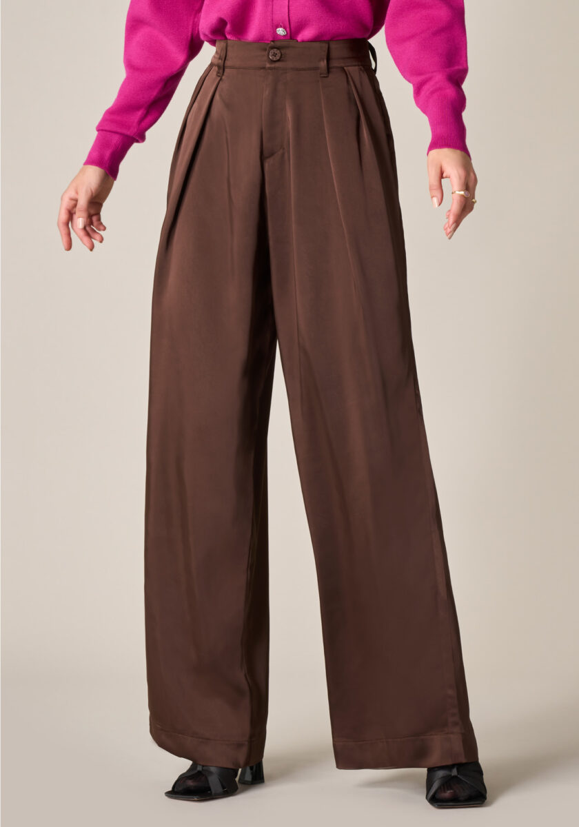 Pants Wide Leg Pence in satin Marrone - vista frontale | Nicla