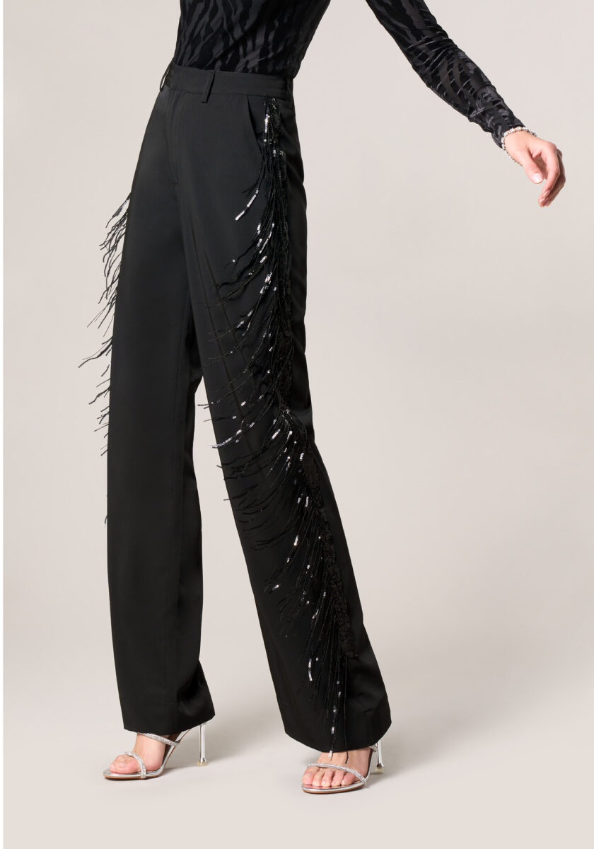 Pantaloni Wide Leg in Cadi con Frange di Paillettes Nero - vista frontale | Nicla