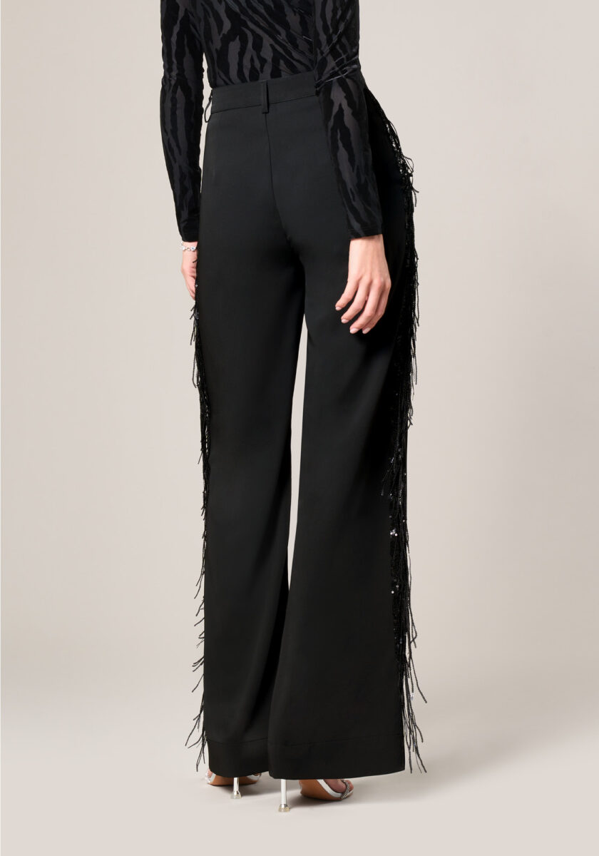 Pantaloni Wide Leg in Cadi con Frange di Paillettes Nero - Nicla