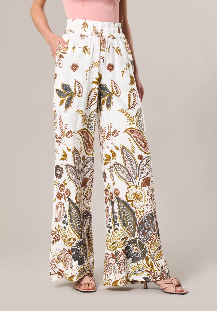 Pantaloni Palazzo in Lino Viscosa Stampa Garden Multicolor - vista frontale | Nicla
