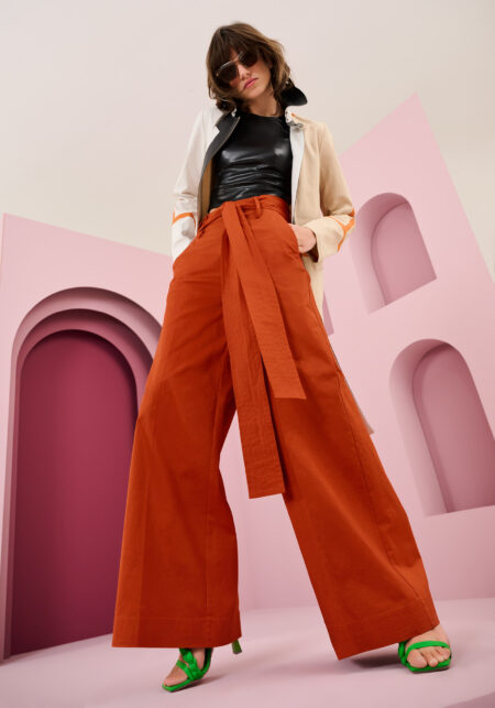 Pantaloni Wide Leg in Raso di Cotone con Fusciacca Arancione - vista frontale | Nicla