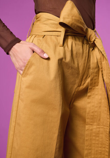 Pantaloni Wide Leg in Raso di Cotone con Fusciacca Giallo - Nicla
