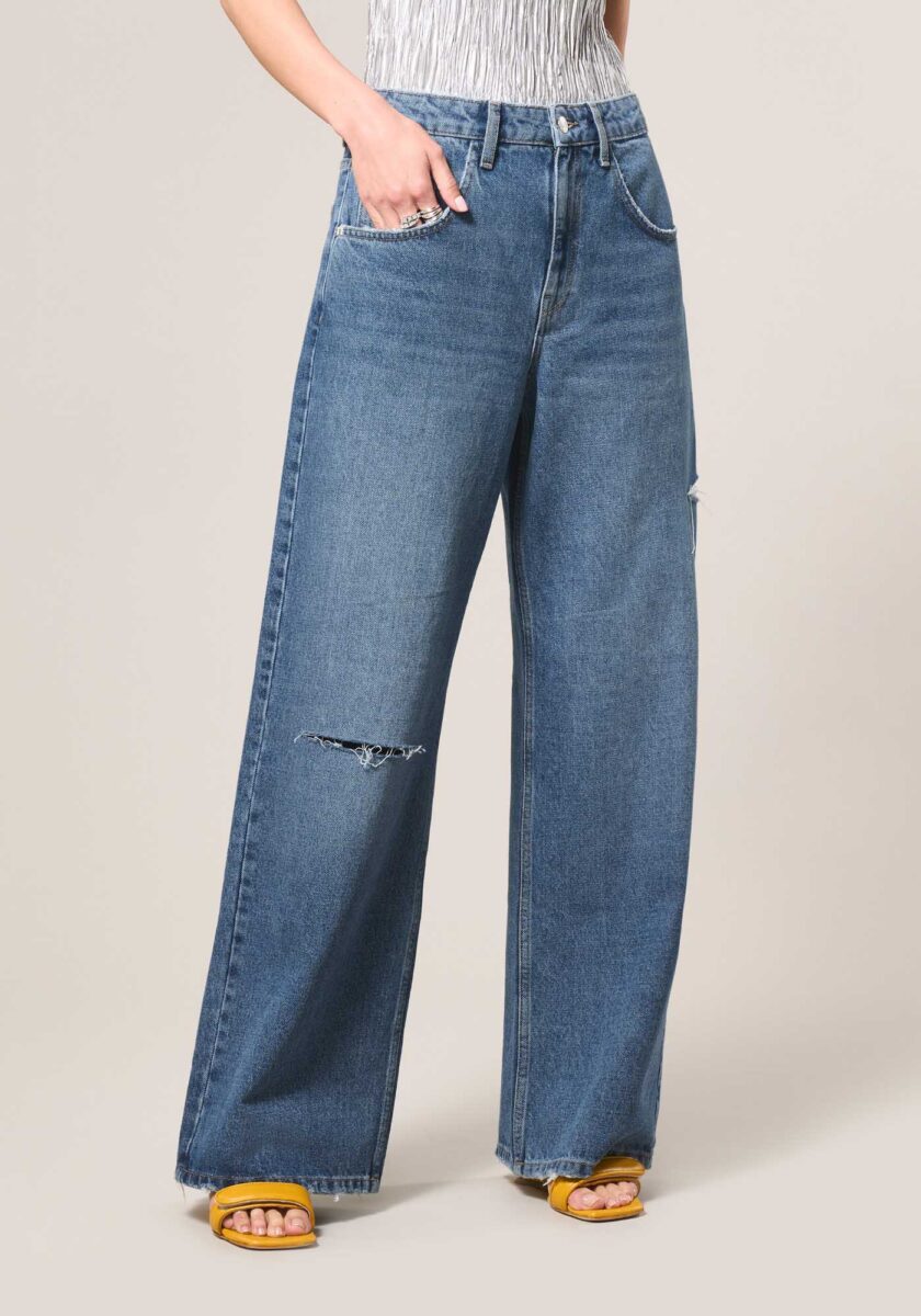 Pantaloni Wide Leg in Denim con Strappi Blu - vista frontale | Nicla