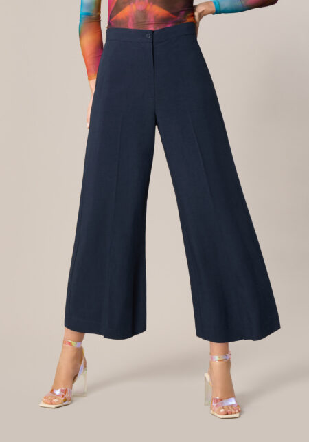 Pantaloni Cropped in Misto Viscosa Lino Blu - vista frontale | Nicla