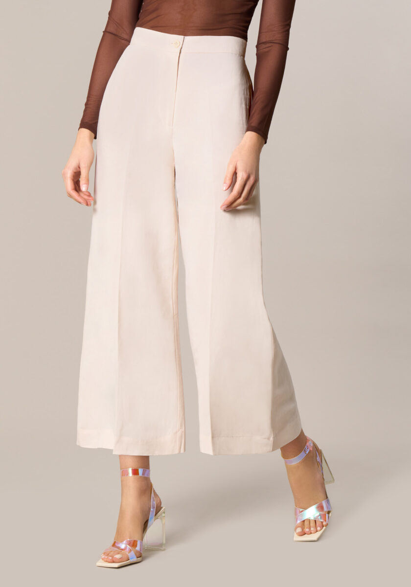 Pantaloni Cropped in Misto Viscosa Lino Bianco - vista frontale | Nicla