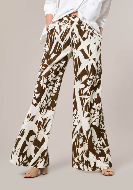 Pantaloni Palazzo in Lino Viscosa Stampa Floral Bianco - vista frontale | Nicla