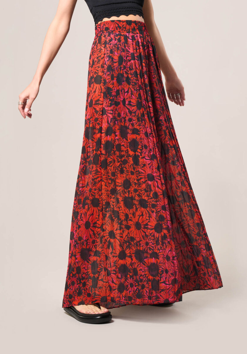 Pantaloni Palazzo Plissè in Chiffon Stampa Lilies Nero - vista frontale | Nicla