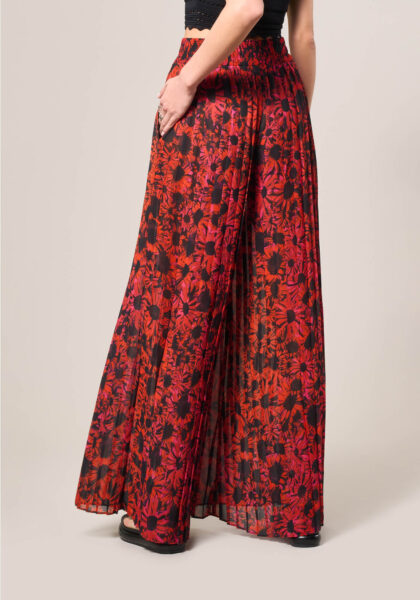 Pantaloni Palazzo Plissè in Chiffon Stampa Lilies Nero - Nicla