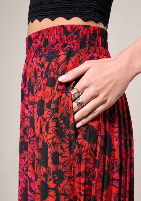Pantaloni Palazzo Plissè in Chiffon Stampa Lilies Nero - Nicla