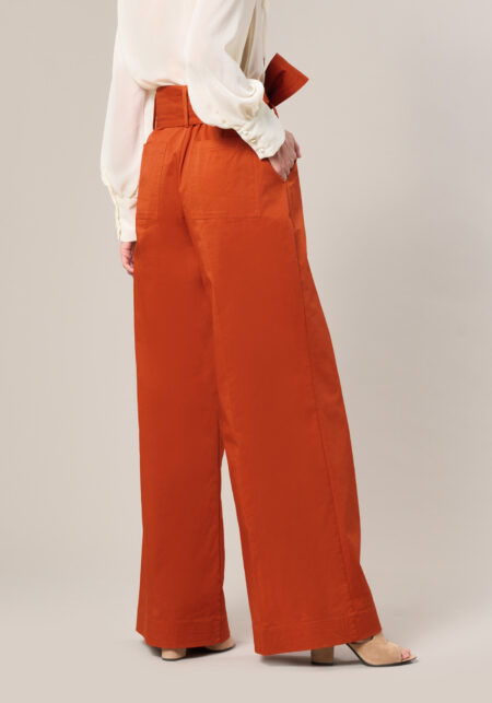 Pantaloni Wide Leg in Raso di Cotone con Fusciacca Arancione - Nicla