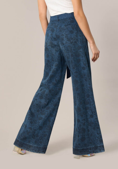 Pantaloni Wide Leg con Pince in Denim Stampa Lilies Blu - Nicla
