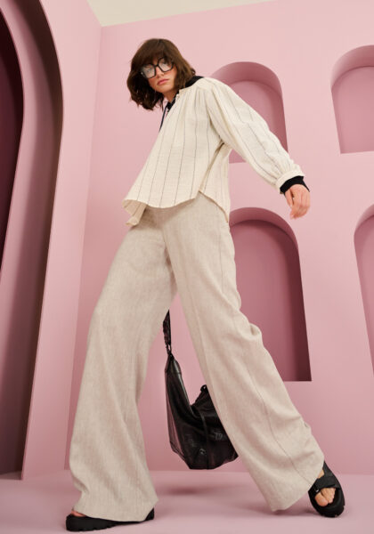 Pantaloni Wide Leg in Lino-Viscosa Beige - vista frontale | Nicla