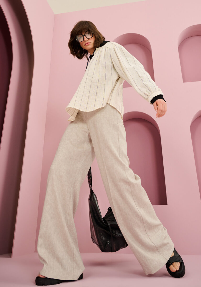 Pantaloni Wide Leg in Lino-Viscosa Beige - vista frontale | Nicla