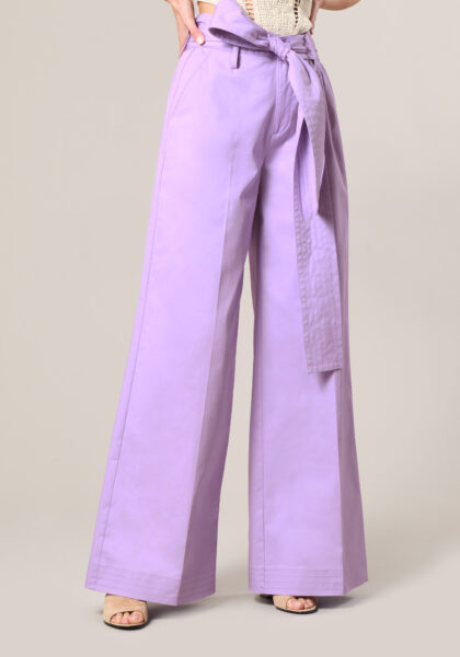 Pantaloni Wide Leg in Raso di Cotone con Fusciacca Viola - vista frontale | Nicla