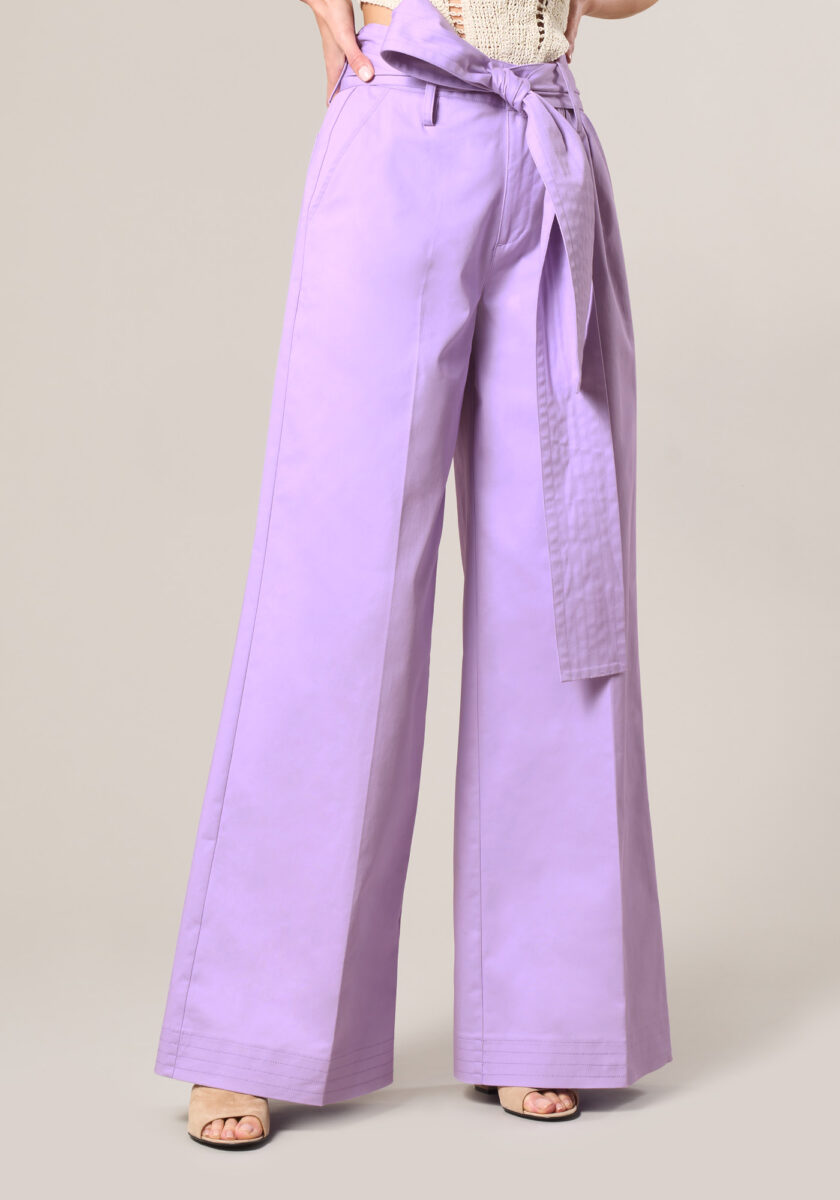 Pantaloni Wide Leg in Raso di Cotone con Fusciacca Viola - vista frontale | Nicla