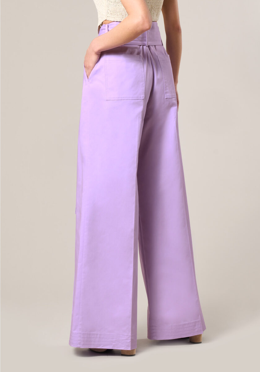 Pantaloni Wide Leg in Raso di Cotone con Fusciacca Viola - Nicla