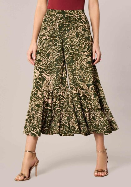Pantaloni Ruffle in Stampa Cachmere Verde - vista frontale | Nicla