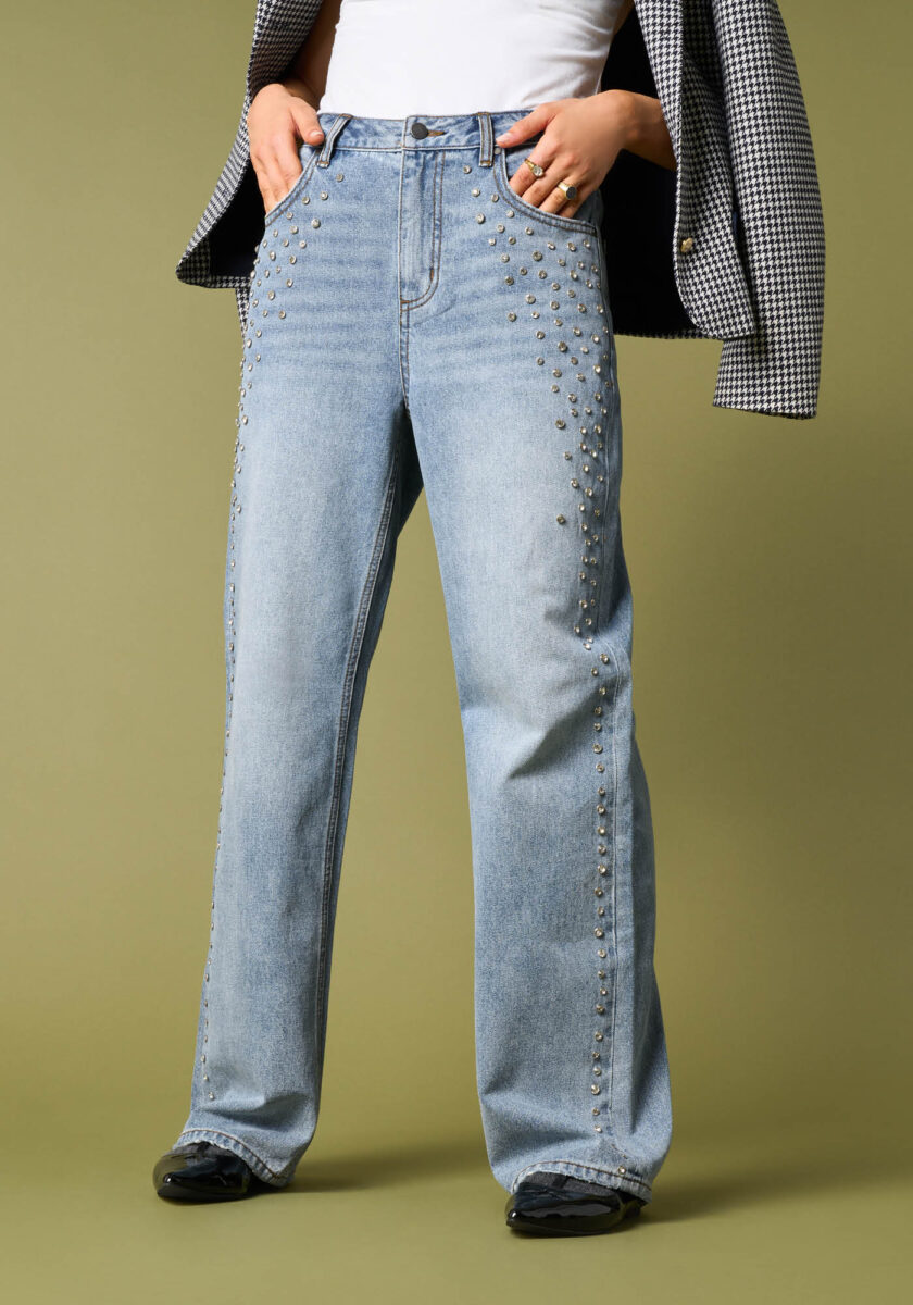 Pantaloni Straight Denim con Applicazioni Strass  - vista frontale | Nicla