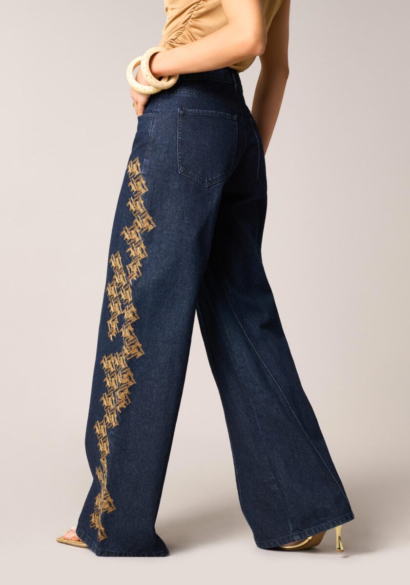 Pantaloni wide denim con ricamo Blu - Nicla