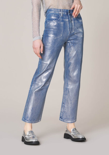 Pantaloni Straight in Denim Laminato Silver  - vista frontale | Nicla